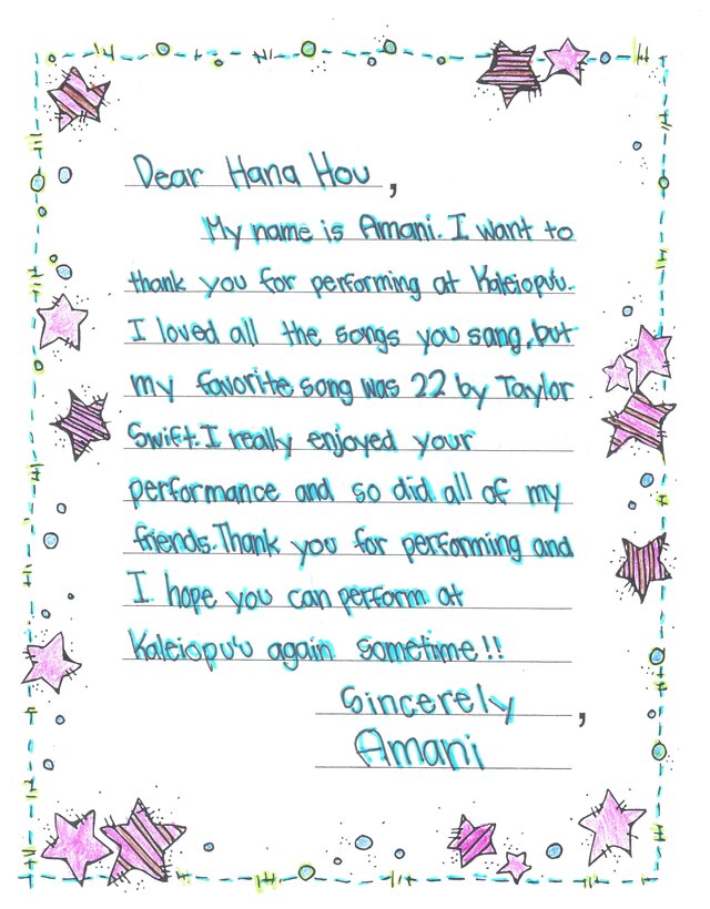 Joint Base Pearl Harbor-Hickam, Hawaii – Students from Kaleiopuu Elementary sent letters to USAF Band of the Pacific-Hawaii in appreciation for playing a concert at their school. The Band of the Pacific-Hawaii’s rock band, Hana Hou, performed for over 2,000 students at Kaleiopuu and Wailua Elementary on September 25, 2013 and October 22, 2013. 