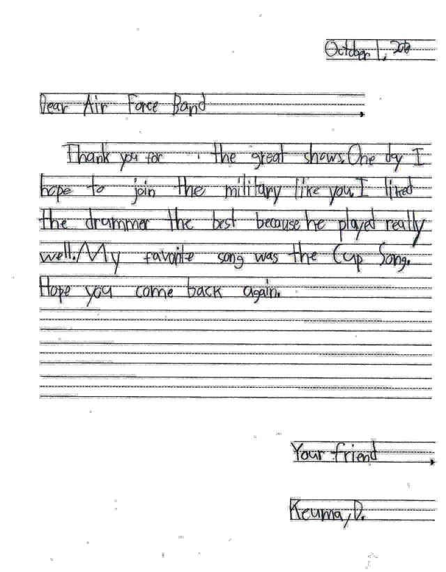 Joint Base Pearl Harbor-Hickam, Hawaii – Students from Kaleiopuu Elementary sent letters to USAF Band of the Pacific-Hawaii in appreciation for playing a concert at their school. The Band of the Pacific-Hawaii’s rock band, Hana Hou, performed for over 2,000 students at Kaleiopuu and Wailua Elementary on September 25, 2013 and October 22, 2013. 