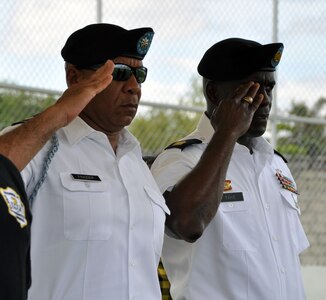 Lt. Col. Michael Frazier, Joint Task Force-Bravo Director of Civil Affairs, and Command Sgt. Maj. Norriel Fahie, Army Support Activity, render a salute during the playing of the Honduran national anthem during the Opening Ceremony for the Honduran Special Olympics at Carlos Miranda Stadium, Comayagua, Honduras, Oct. 24, 2013.  Joint Task Force-Bravo is providing support for the Honduras Special Olympics soccer tournament, which will be played at Soto Cano Air Base.  (U.S. Air Force photo by Capt. Zach Anderson)
