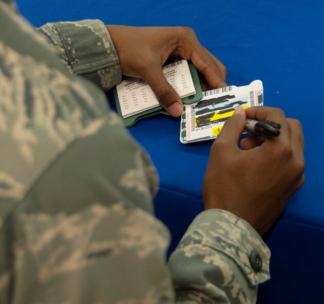 Airman 1st Class Michael Canady, 2nd Security Forces Squadron commander’s support staff, uses a permanent mark to mask personal identification on prescription medicine during Drug Take-Back Day on Barksdale Air Force Base, La., Oct. 23, 2013. The Drug Take-Back Day is anonymous so Team Barksdale members can turn in prescription medication for disposal with no questions asked. (U.S. Air Force photo/Staff Sgt. Amber Corcoran)