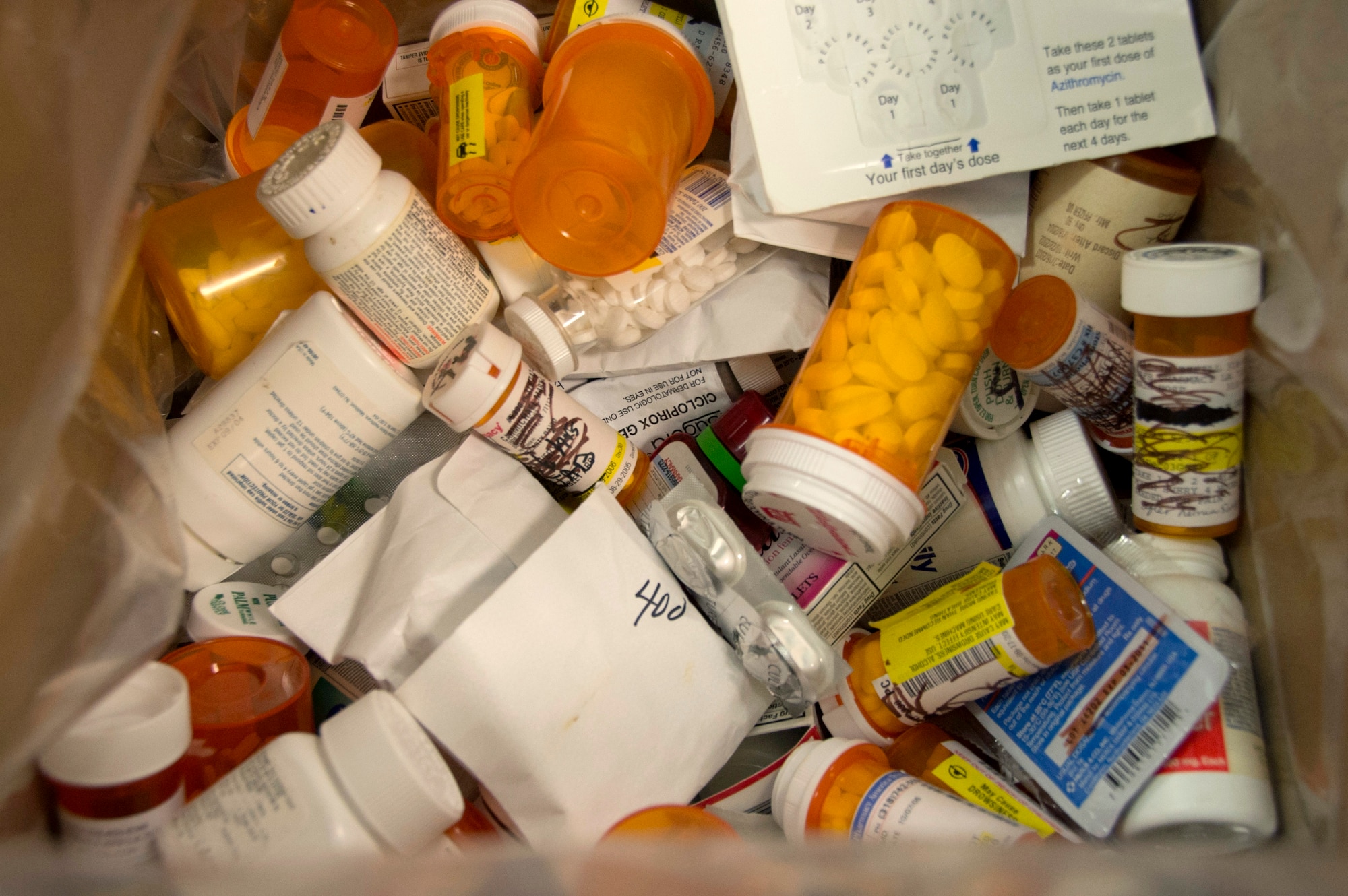 Prescription medication turned in by Team Barksdale members is collected and masked of any identifying information to be turned into the 2nd Security Forces Squadron for proper disposal during Drug Take-Back Day on Barksdale Air Force Base, La., Oct. 23, 2013. The 2nd SFS and 2nd Medical Group work with the Drug Enforcement Agency to reach out to individuals and encourage them to rid their households of unused prescription drugs that pose a safety hazard and can contribute to prescription drug abuse.  (U.S. Air Force photo/Staff Sgt. Amber Corcoran)