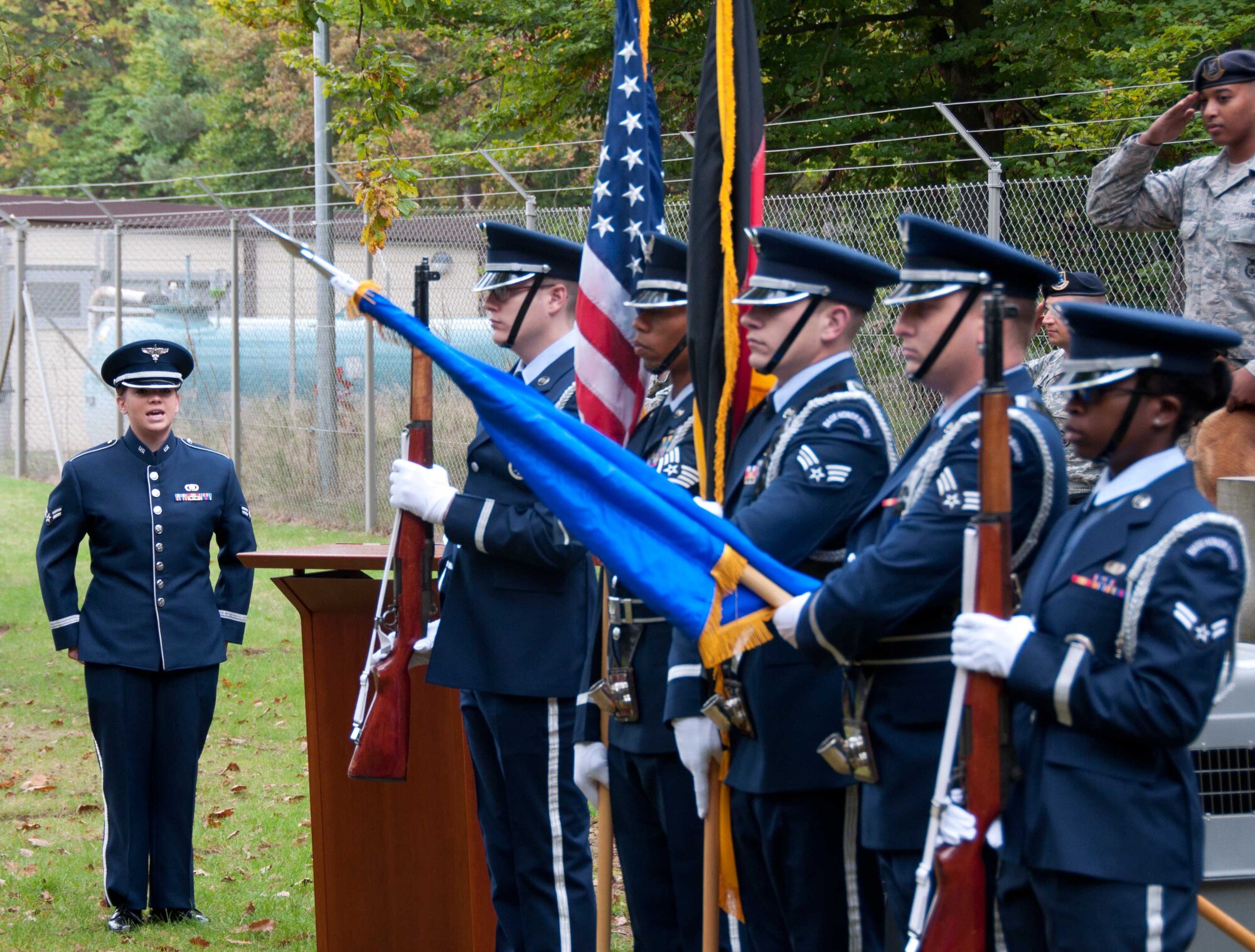 On Wednesday, October 16th, Ramstein Air Base’s 86th Security Forces Squadron held a memorial and retirement service for Military Working Dogs.  The ceremony started off with USAFE Band’s own, A1C Melissa Lackore singing the National Anthems.  (Photo by SrA Ken Miller Jr.)