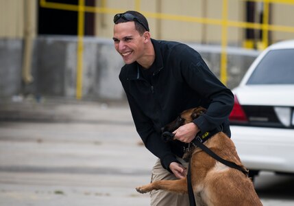 Staff Sgt. Jonathan Calo, 628th Security Forces K’9 handler, and his dog, Ttilley, play outside a warehouse October 22, 2013 before an Explosives detection training in Summerville, S.C. During this training, the dogs undergo obstacles where they searched through blocks or warehouse equipment for substances that are and may be used by terrorist or people who would like to harm us in the United States. (U.S. Air Force/Senior Airman Ashlee Galloway)
