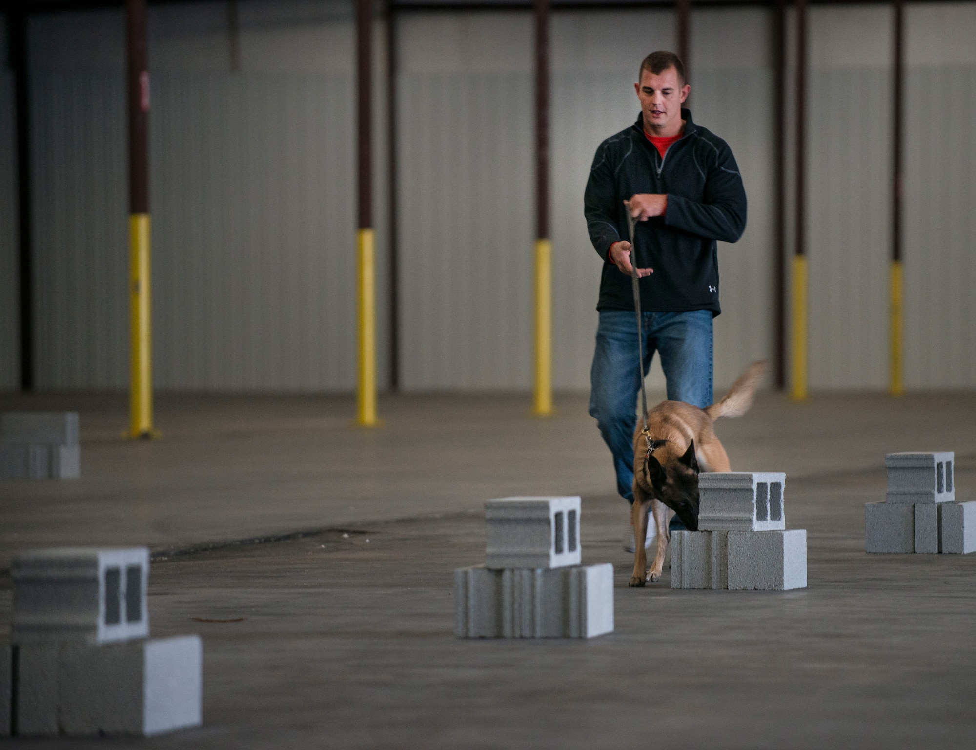 Staff Sgt. Timothy Garrett, 628th Security Forces K’9 handler, and his dog, Tze, do a search inside a warehouse October 22, 2013 during Explosives detection training in Summerville, S.C. During this training, the dogs undergo obstacles where they searched through blocks or warehouse equipment for substances that are and may be used by terrorist or people who would like to harm us in the United States. (U.S. Air Force/Senior Airman Ashlee Galloway)
