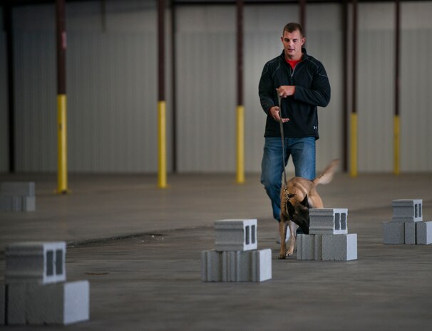 Staff Sgt. Timothy Garrett, 628th Security Forces K’9 handler, and his dog, Tze, do a search inside a warehouse October 22, 2013 during Explosives detection training in Summerville, S.C. During this training, the dogs undergo obstacles where they searched through blocks or warehouse equipment for substances that are and may be used by terrorist or people who would like to harm us in the United States. (U.S. Air Force/Senior Airman Ashlee Galloway)
