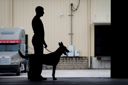 Staff Sgt. Craig Martin, 628th Security Forces K’9 handler, and his dog, Chico, stand inside a warehouse October 22, 2013 after taking part in Explosives detection training in Summerville, S.C. During this training, the dogs undergo obstacles where they searched through blocks or warehouse equipment for substances that are and may be used by terrorists or criminals. (U.S. Air Force/Senior Airman Ashlee Galloway)