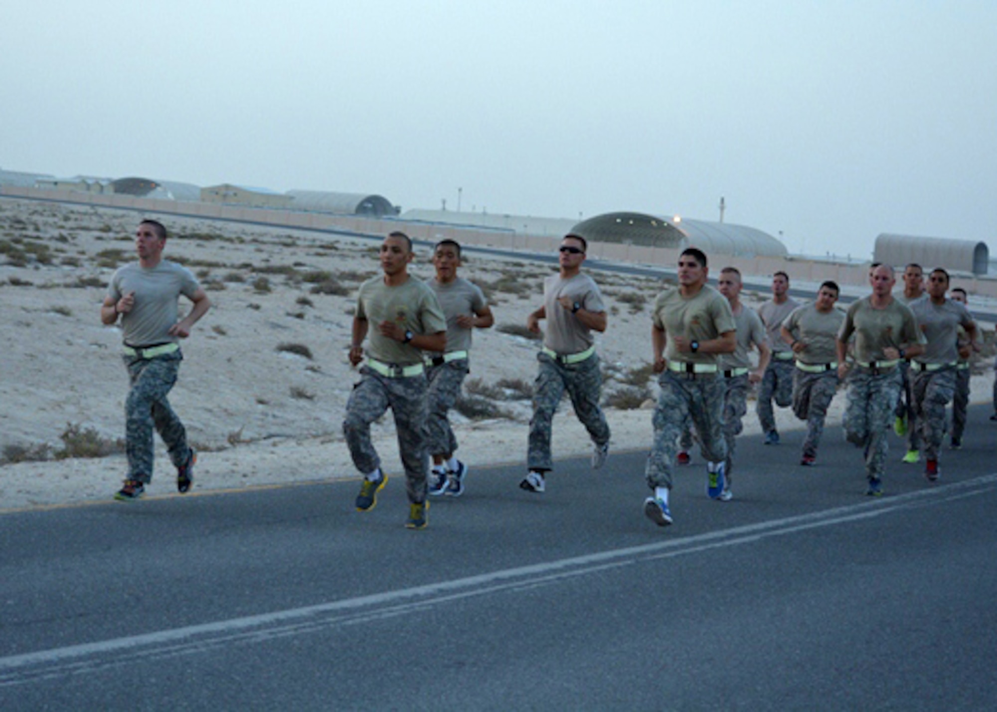 Soldiers from the 1st Battalion, 43rd Air Defense Artillery, 11th Air Defense Artillery Brigade, participated in an Army physical fitness test run during a grueling four-day competition hosted by Headquarters and Headquarters Battery, 1-43 ADA at Isa Air Base, Bahrain. The battalion is known throughout the Central Command Area or Responsibility as Task Force Cobra, and falls under the command of the 31st ADA Brigade in Southwest Asia. 