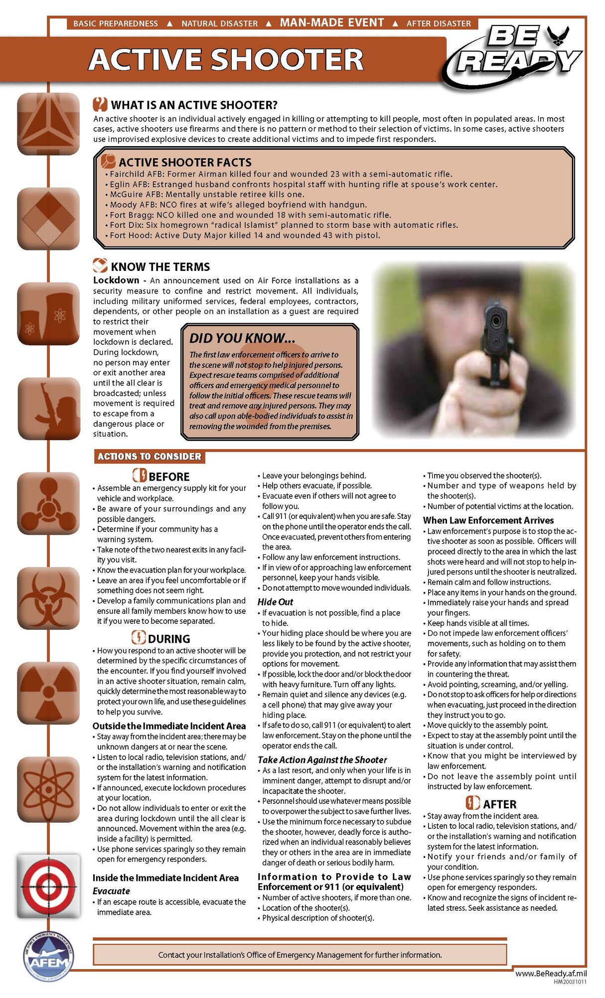 Workplace violence can be defined as any act of physical violence against people or property, physical or verbal threats, intimidation, harassment or other inappropriate, disruptive behavior causing fear for personal safety in the workplace. To prepare, each organization should have some type of workplace-violence action plan, which should be provided to all personnel in the organization and practiced, tested and reevaluated.  The plan should address how to detect signs, who to report concerns to, and what actions to take during and after an incident. (Graphic courtesy of Air Force Civil Engineer Center)