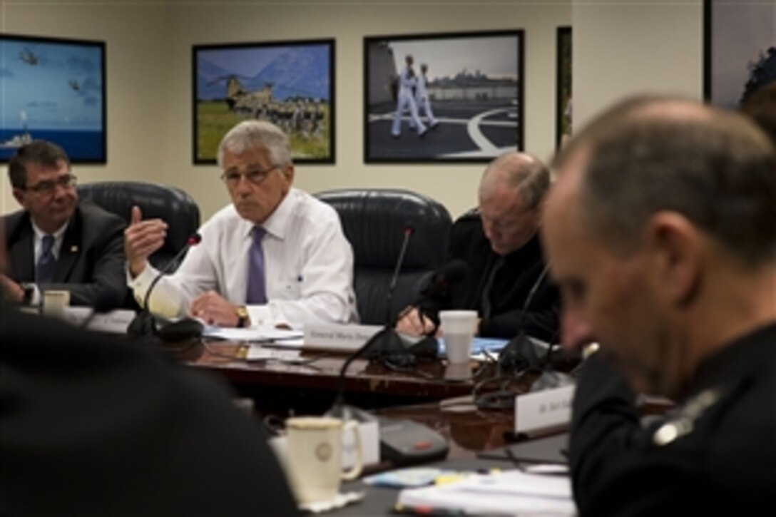 Defense Secretary Chuck Hagel meets with his Senior Leadership Council at the Pentagon, Oct. 24, 2013.