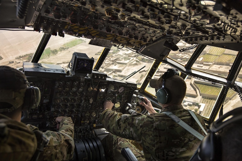 1st Lt. Brent Stevens and Maj. Devin Cummings maneuver a C-130 Hercules out of Forward Operating Base Sharana, Paktika Province, Afghanistan, Sept. 28, 2013. This mission marked a retrograde milestone as the 774th Expeditionary Airlift Squadron transported the last cargo from FOB Sharana before the base is transferred to the Afghan Ministry of Defense. Stevens, a Tampa, Fla. native, is deployed from Little Rock Air Force Base, Ark. Cummings, a Manitowoc, Wis. native, is deployed from Peterson Air Force Base, Colo. Cummings and Stevens are 774th EAS pilots. (U.S. Air Force photo/Master Sgt. Ben Bloker)