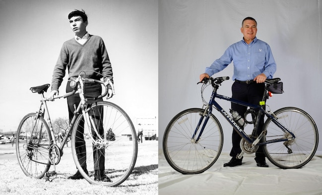 Mike Nishimuta, on the left at 17 years old with the bike he used to travel more than 3,000 miles through Europe, February 1969, in Lawton, Okla., and on the right, after celebrating the 45th anniversary of his trip, October 2013, at Aviano Air Base, Italy. Nishimuta rode along the same 50-mile path from Venice to Bassano, Italy, Oct. 19