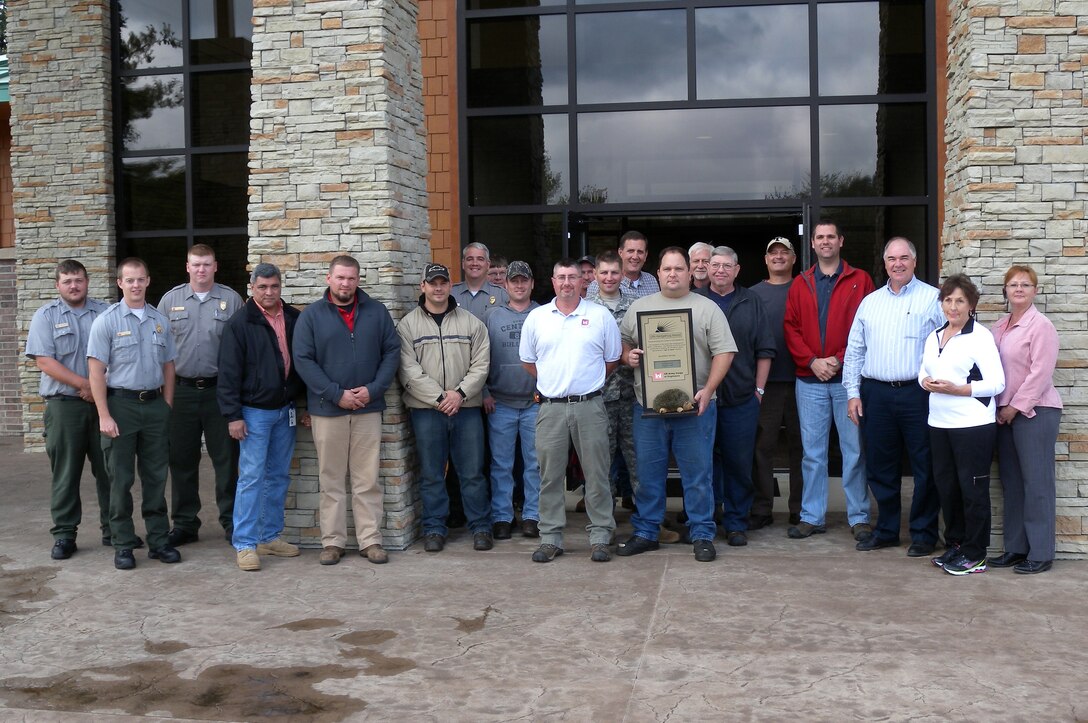 The staff at the Cordell Hull Lake project poses with the U.S. Army Corps of Engineers Nashville District’s Hedgehog Award Oct. 22, 2013 in Carthage, Tenn.  The award is given to individuals or team of employees to recognize excellence. 