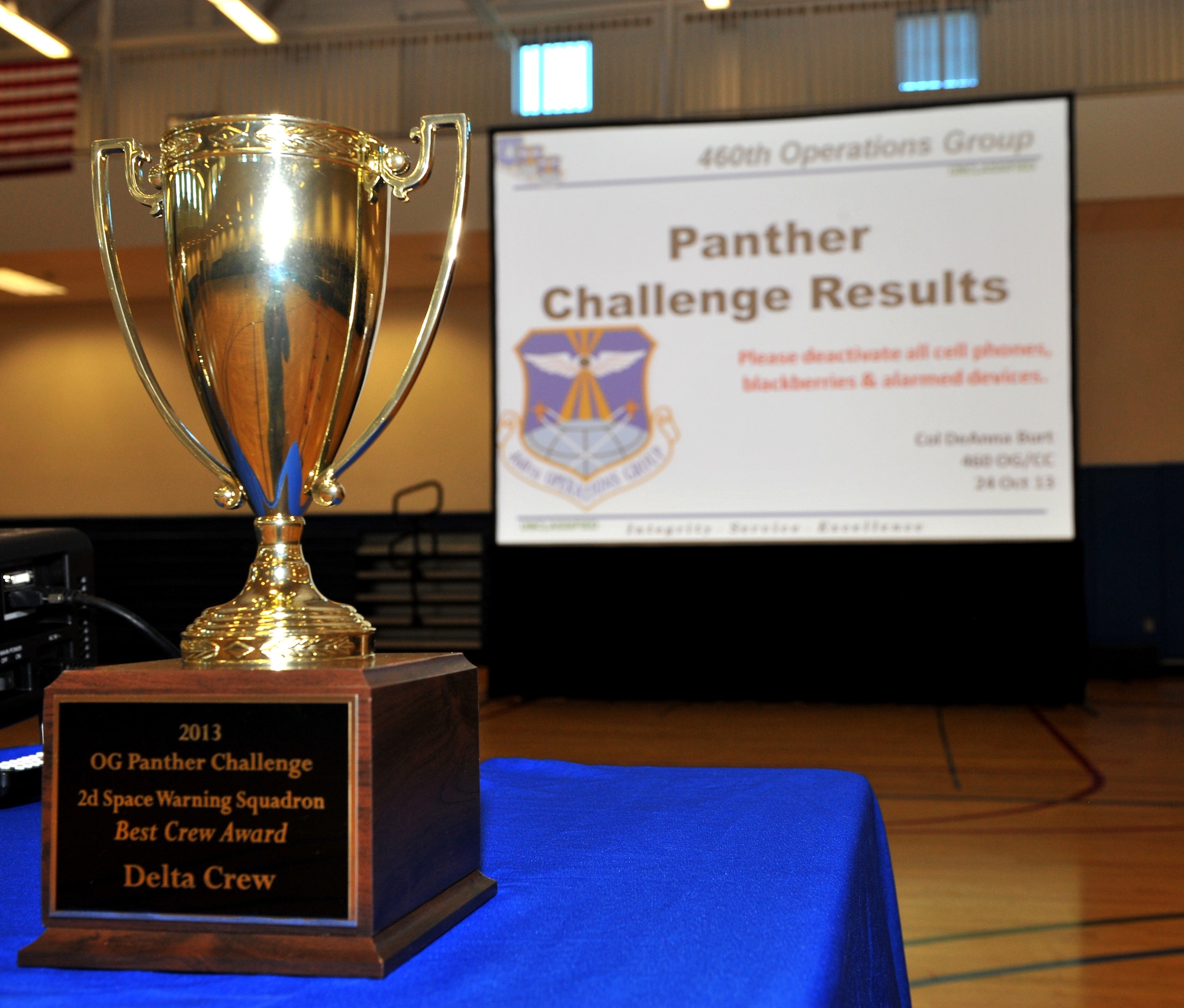 The results of the 2013 Panther challenge were announced following the 460th Space Wing Commander call Oct. 25, at the fitness center on Buckley Air Force Base, Colo. The Panther Challenge was the first competition to be held in honor of the Guardian Challenge used to test different groups within the 460th OG. (U.S. Air Force photo by Senior Airman Phillip Houk/Released)