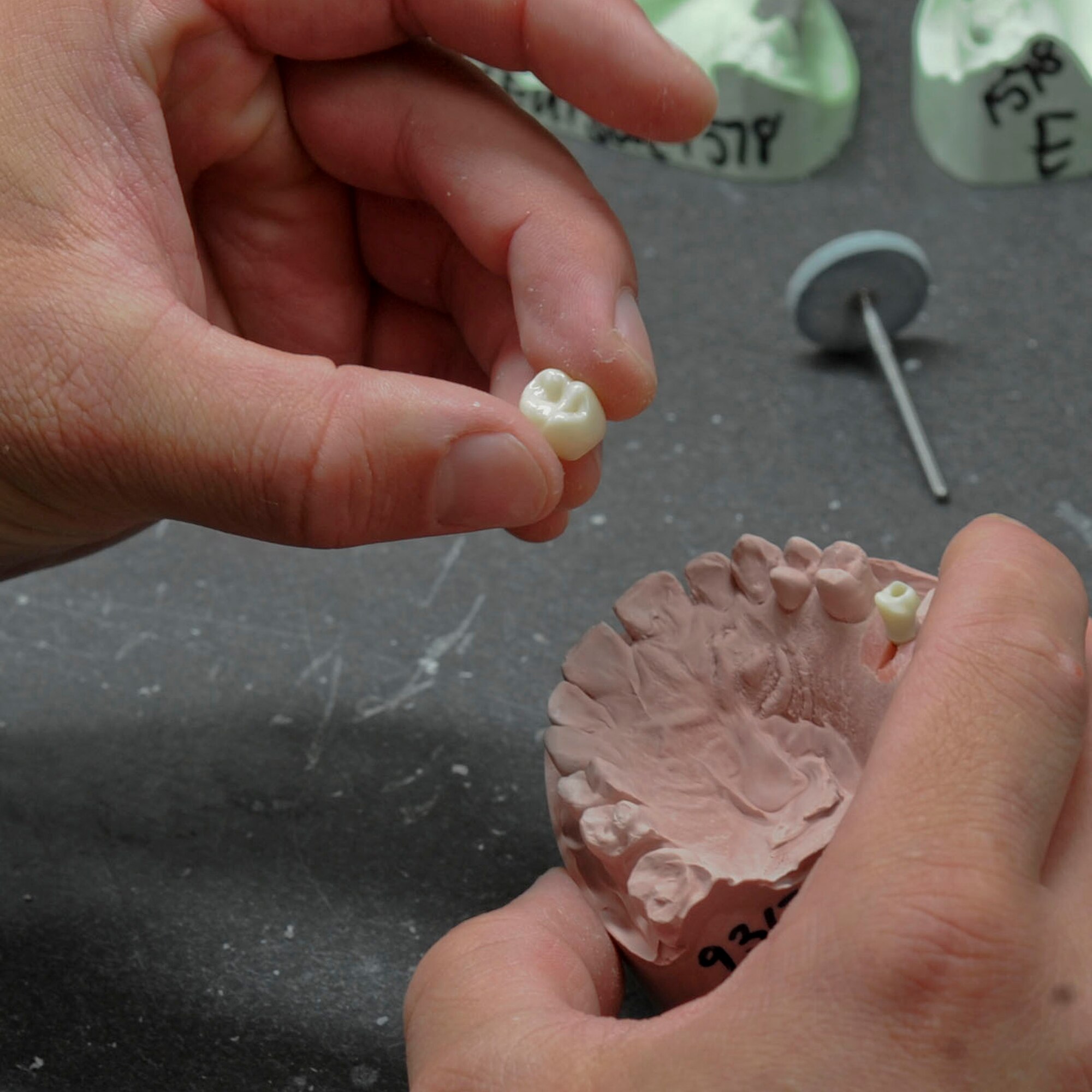 Staff Sgt. Christian Maes, 2nd Dental Squadron laboratory technician, places a crown onto an implant in the dental lab on Barksdale Air Force Base, La., Oct. 22, 2013. Implants are used to secure crowns into place when a tooth is removed. (U.S. Air Force photo/Senior Airman Kristin High)