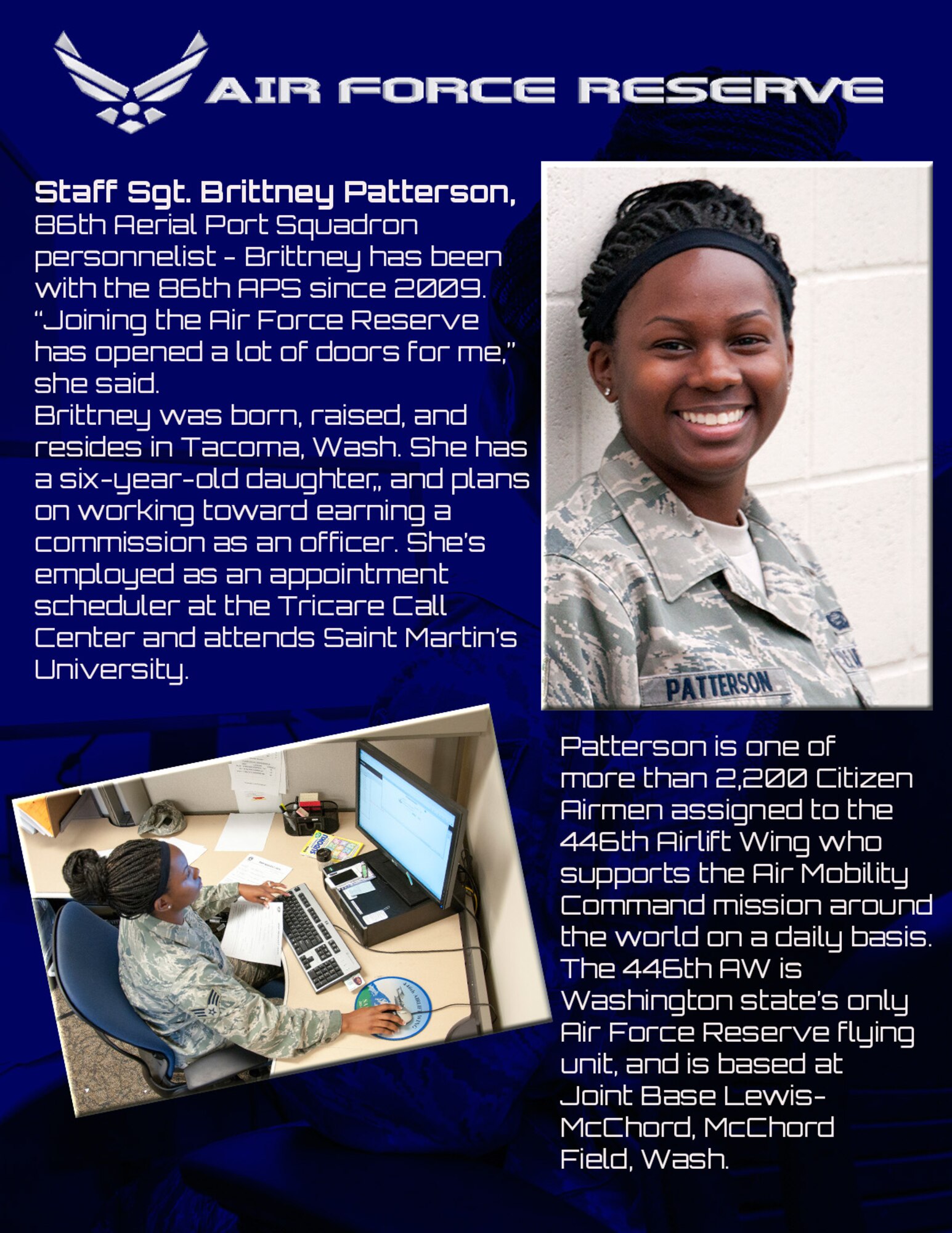 Staff Sgt. (then Senior Airman) Brittney Patterson (U.S. Air Force Reserve photos and graphic by Master Sgt. Jake Chappelle)