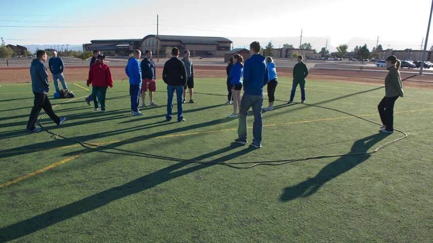 Members of Team Holloman spend the Saturday portion of the annual leadership conference participating in team-building activities at Holloman Air Force Base, N.M., Oct. 19. The third day of the leadership conference consisted of resiliency training, media training, a relationship counseling session and a wine tour near the village of Tularosa, N.M. (U.S. Air Force photo by Airman 1st Class Chase Cannon/Released)