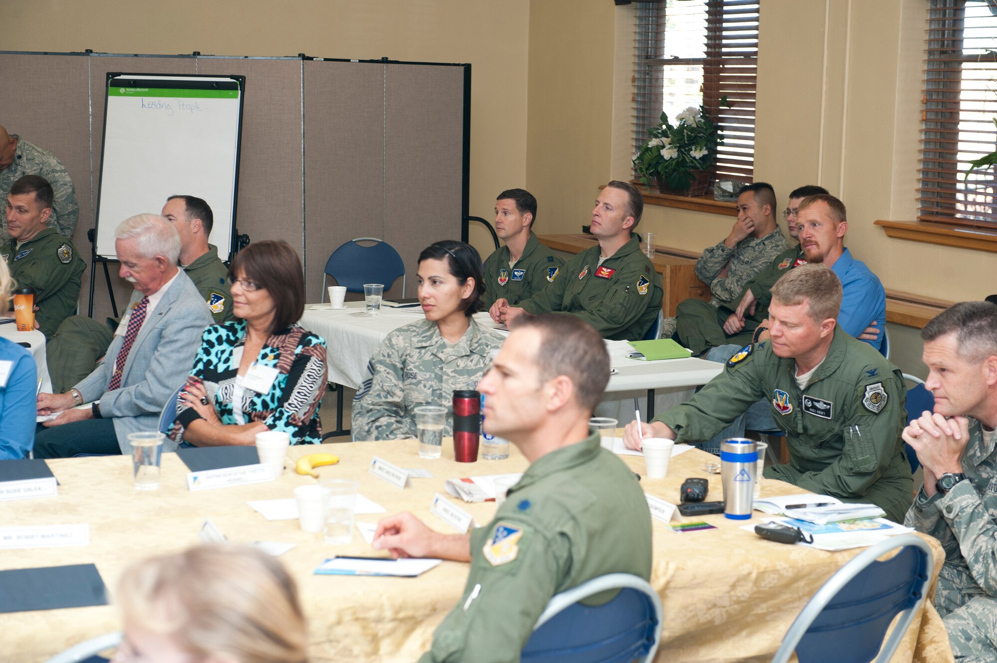 Holloman senior leaders listen as Bobby Martinez, president and CEO of Desert Sun Motors Group, speaks about the fundamentals of leadership at Holloman, N.M., Oct. 17. This year, civic and business leaders from the community were also invited to join and add new perspectives to the conference. (U.S. Air Force photo by Airman 1st Class Daniel Liddicoet/Released)
