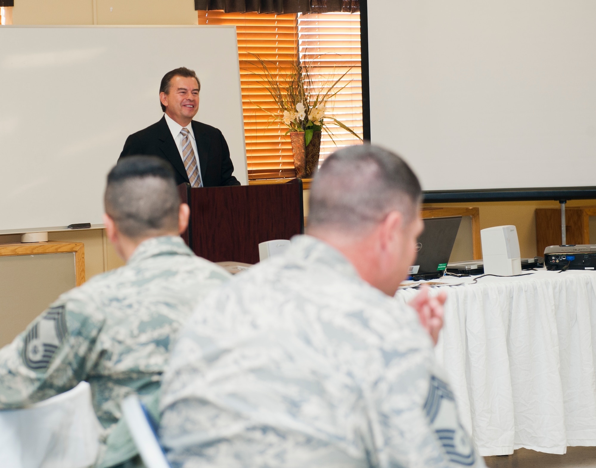 Bobby Martinez, president and CEO of Desert Sun Motors Group, speaks to Holloman senior leaders during the annual leadership conference at Holloman Air Force Base, N.M., Oct. 17. This year, civic and business leaders from the community were also invited to join and add new perspectives to the conference. (U.S. Air Force photo by Airman 1st Class Daniel Liddicoet/Released)