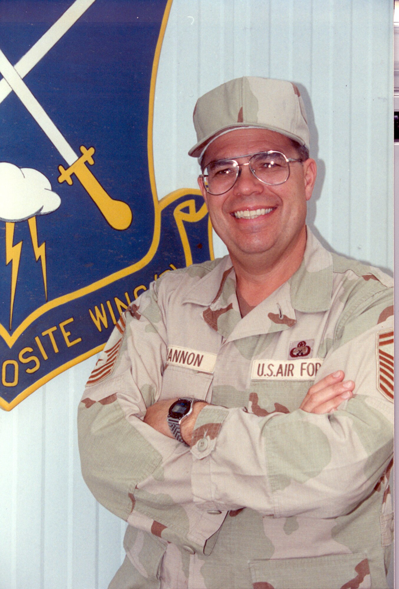Then, Chief Master Sgt. Curt Shannon poses for a photo while deployed to Dhahran, Saudi Arabia, in 1992.  Shannon was the senior enlisted advisor for the 4404th Composite Wing during the deployment.  (Courtesy photo)