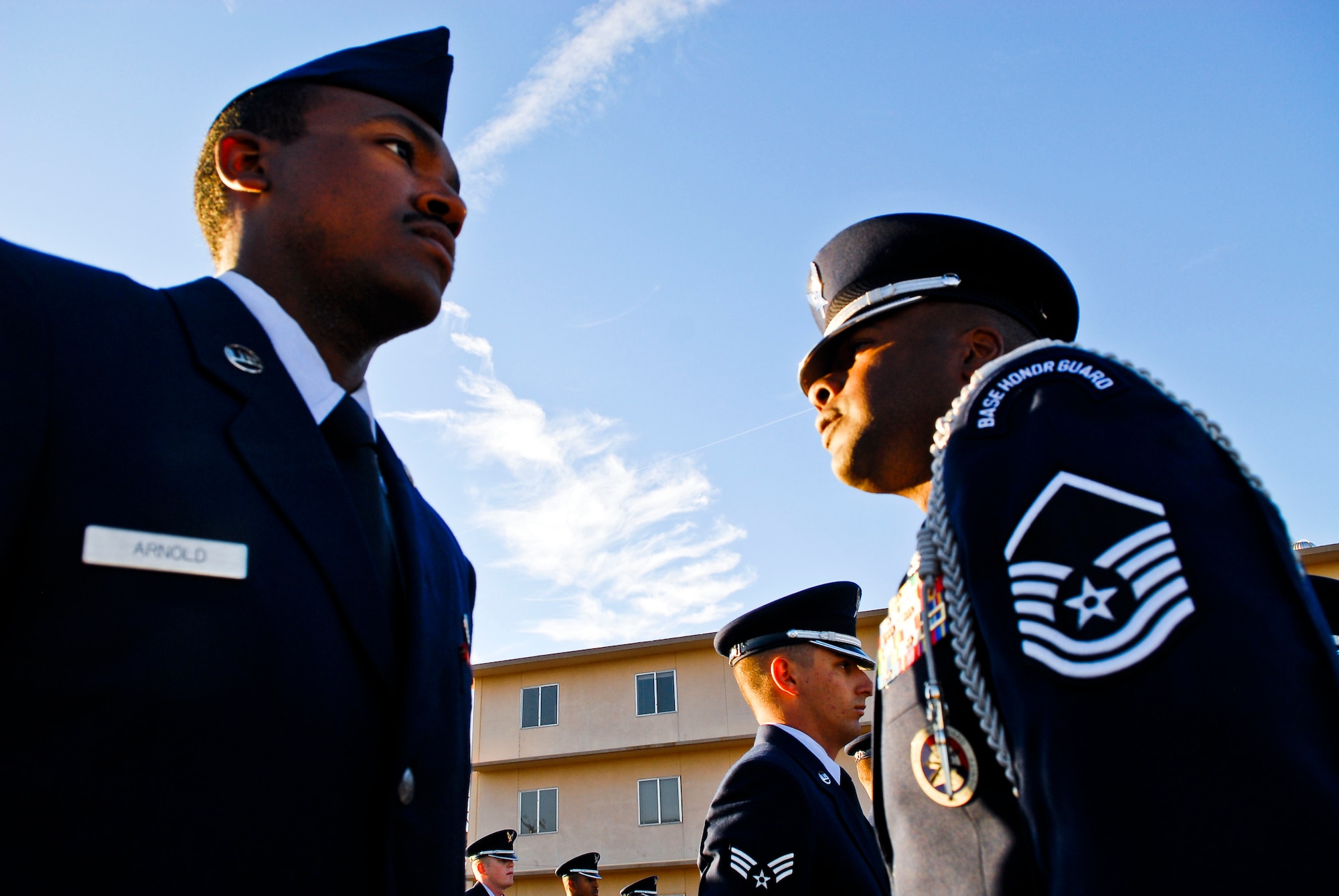 Master Sgt. Keith Cooper, 56th Force Support Squadron Luke Air Force Base Honor Guard superintendent, inspects Airman 1st Class Boushon Arnold, 308th Aircraft Maintenance Unit, Oct. 7 during a uniform inspection at the Airman Leadership School parking lot. (U.S. Air Force photo/Senior Airman David Owsianka)