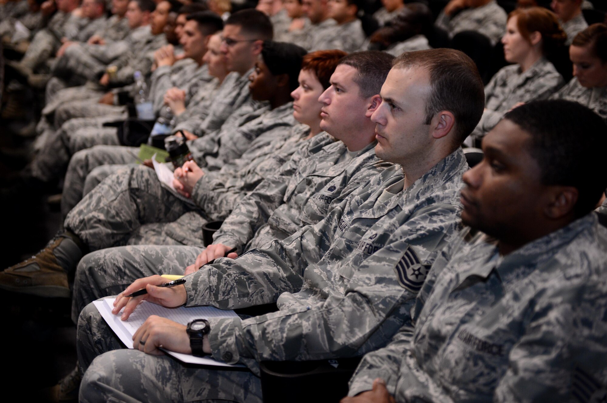 SPANGDAHLEM AIR BASE, Germany – U.S. Air Force Airmen listen to University of Oklahoma Department of Human Relations Professor Tim Davidson, give a leadership seminar at the base theater Oct. 24, 2013. During Davidson’s presentation he talks about his STRENGTH Model of Leadership. STRENGTH stands for Solution Focus, Trajectory Preview, Resource Development, Exceptions Analysis, Noticing Positives, Goal Setting, Tenacity Review and Human-Capacity Development. (U.S. Air Force photo by Airman 1st Class Kyle Gese/Released)