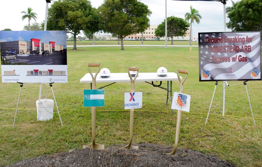 Homestead Air Reserve Base held a groundbreaking ceremony for its new Army and Air Force Exchange Service ‘Express with Gas’ Oct. 25. The Express, scheduled to be completed in July of 2014, features eight gas pumps, a military clothing sales, a dry cleaners, a GNC, and all the items traditionally found in an Express facility. (U.S. Air Force photo/Ross Tweten)