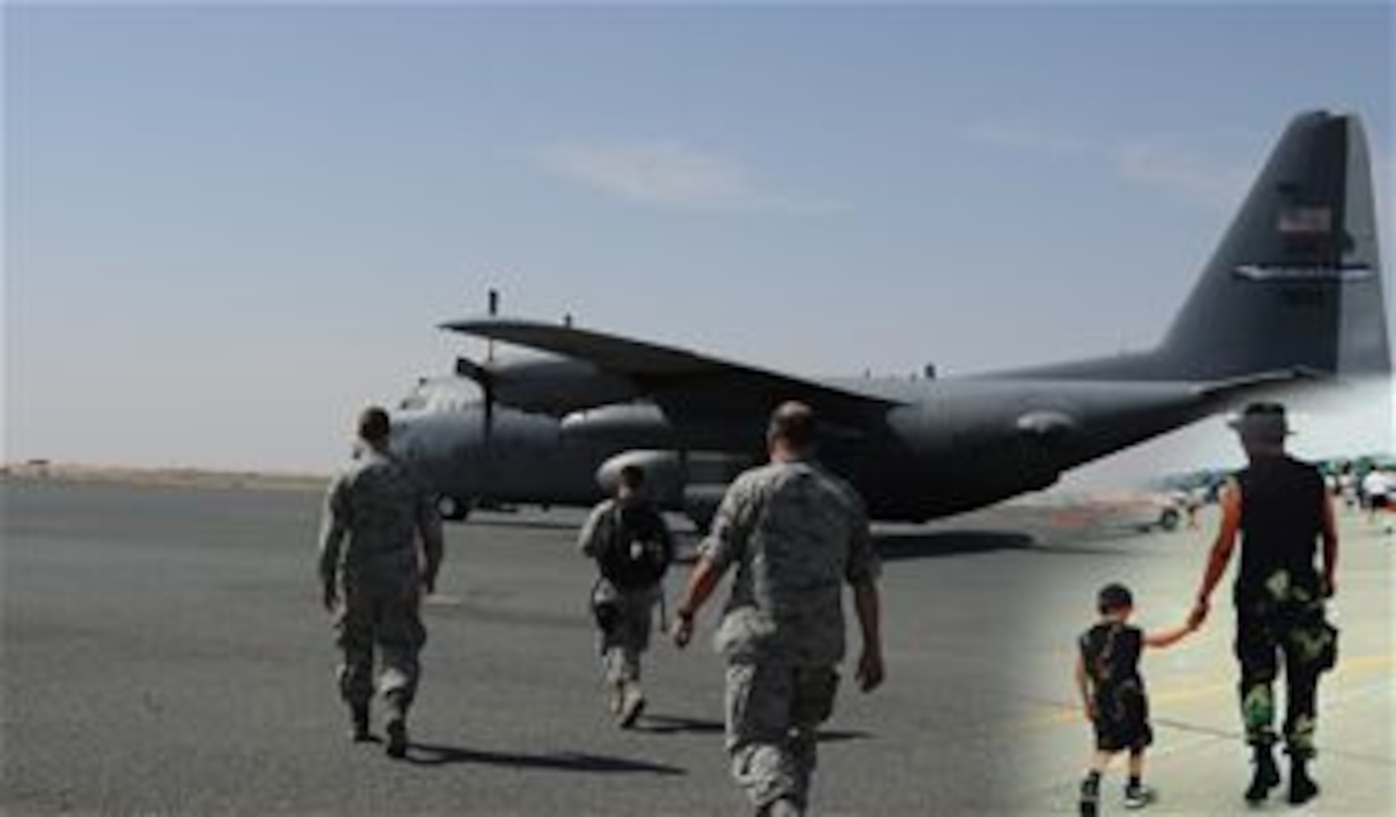 (Inset)  Steven Buchwald has gone from holding his son Travis’ hand on the flightline to his son leading the way.  (From left to right)  Senior Airman Hans Hock, the senior Buchwald’s son-in-law, now Senior Airman Travis Buchwald and his dad, Senior Master Sgt. Steven Buchwald, walk toward a C-130 from their home unit, the 107th Airlift Wing, Air National Guard, Niagara Falls, N.Y.  Steven is the lead production superintendent for the C-130 Aircraft Maintenance Unit at the 386th Expeditionary Aircraft Maintenance Squadron, undisclosed location, Southwest Asia.  Travis is a crew chief in his squadron, a job the senior Buchwald held when he started his military career 32 years ago.  After marrying the senior Buchwald’s daughter Milisa, Hock too decided on a military career.  This is Steven’s last deployment before he retires in December and he is thankful that he got to share it with family.   “It’s neat to be here with the two boys,” he said.  (U.S. photo illustration by Master Sgt. Christopher Campbell)