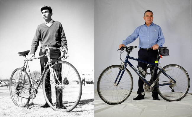 Mike Nishimuta, on the left at 17 years old with the bike he used to travel more than 3,000 miles through Europe, February 1969, in Lawton, Okla., and on the right, after celebrating the 45th anniversary of his trip, October 2013, at Aviano Air Base, Italy. Nishimuta rode along the same 50-mile path from Venice to Bassano, Italy, Oct. 19. (U.S. Air Force graphic/Senior Airman Jessica Hines)