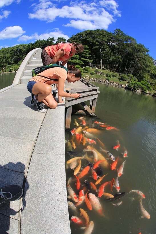 Brenda Piper, standing up, and Eileen Erwin feed the Koi Fish while on the Koko-kyo at the Shukkeien garden in Hiroshima Sept. 27, 2013. The Koko-kyo spans the center of the pond and is part of the circular-tour garden style pathway.