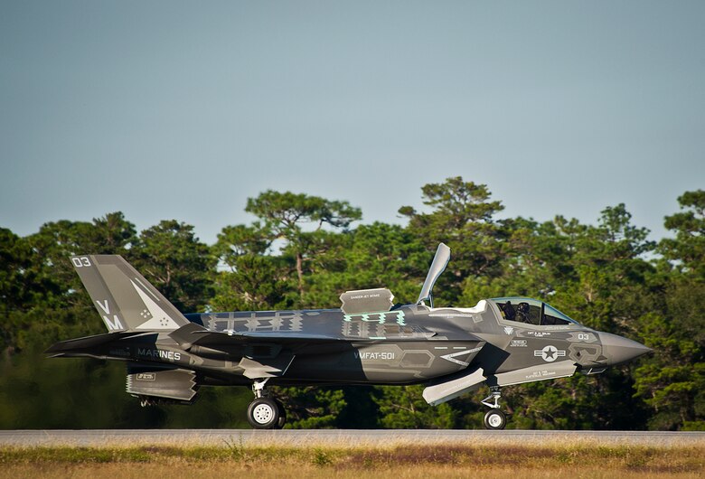 A Marine F-35B joint strike fighter makes an approach to the runway during the first short take-off and vertical landing mission at Eglin Air Force Base, Fla., Oct. 25. The milestone training mission was flown by Maj. Brendan M. Walsh, of the Marine Fighter Attack Training Squadron-501.Walsh recently qualified in vertical landing operations at Marine Corps Air Station Yuma, Ariz. in preparation for this mission.(U.S. Air Force photo/Samuel King Jr.)