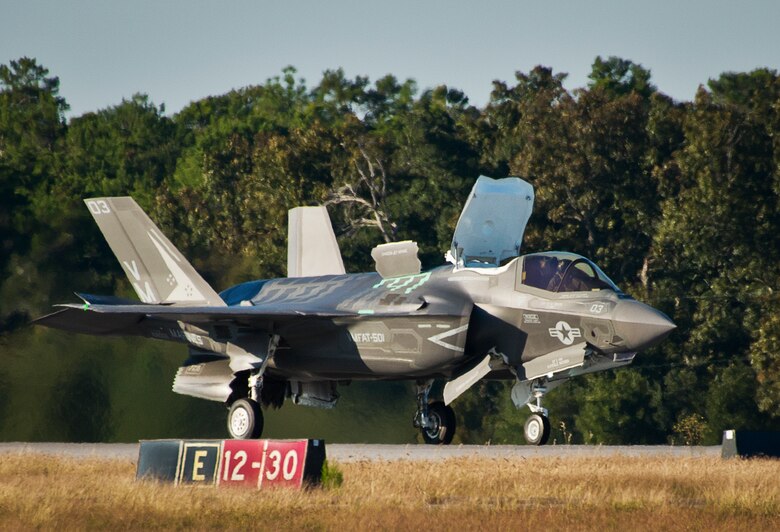 A Marine F-35B joint strike fighter makes an approach to the runway during the first short take-off and vertical landing mission at Eglin Air Force Base, Fla., Oct. 25. The milestone training mission was flown by Maj. Brendan M. Walsh, of the Marine Fighter Attack Training Squadron-501.Walsh recently qualified in vertical landing operations at Marine Corps Air Station Yuma, Ariz. in preparation for this mission.(U.S. Air Force photo/Samuel King Jr.)