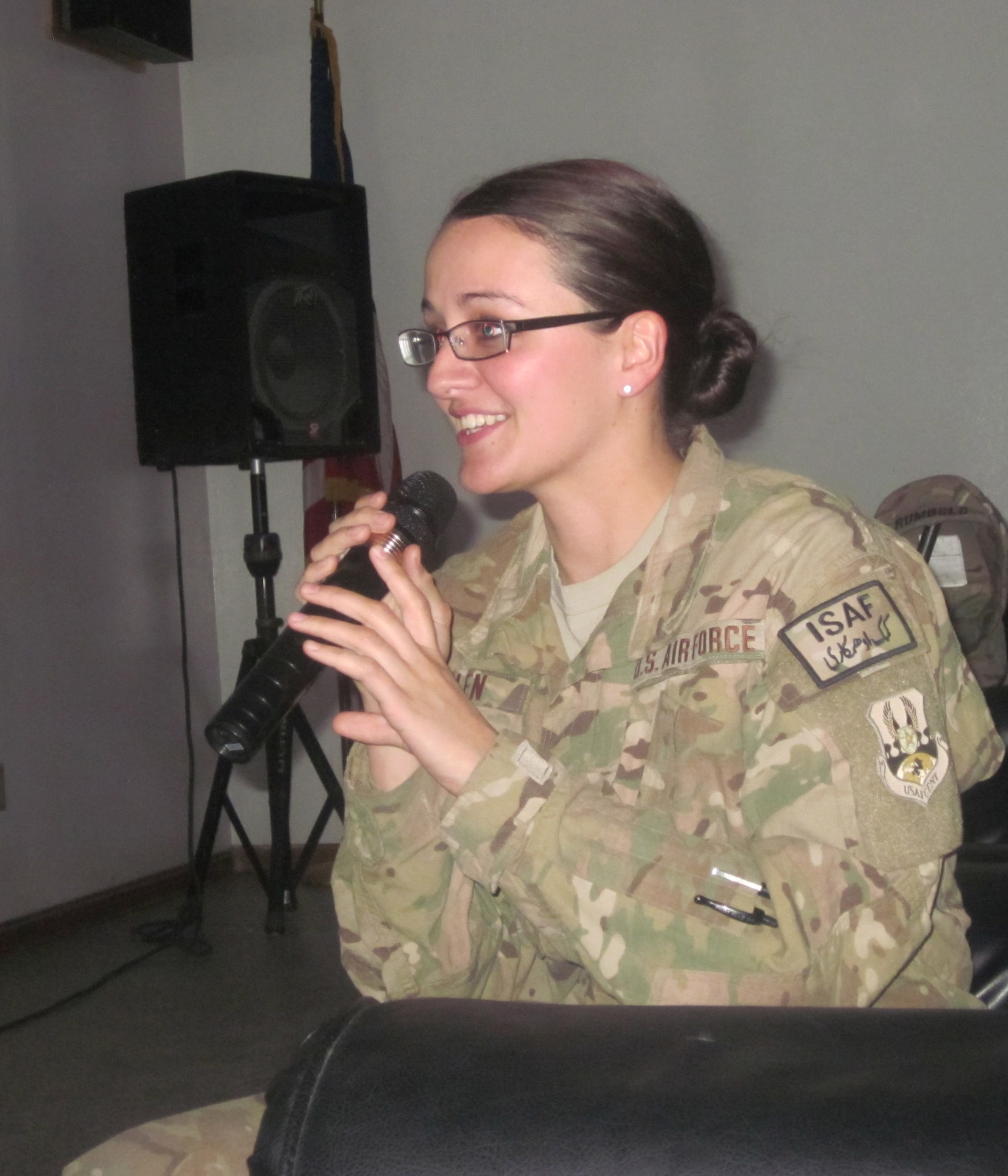 More than 30 people attended the weekly Karaoke singing event Oct. 25, 2013 at the Vulture's Nest recreation center on Bagram Airfield, Afghanistan. (U.S. Air Force photo)