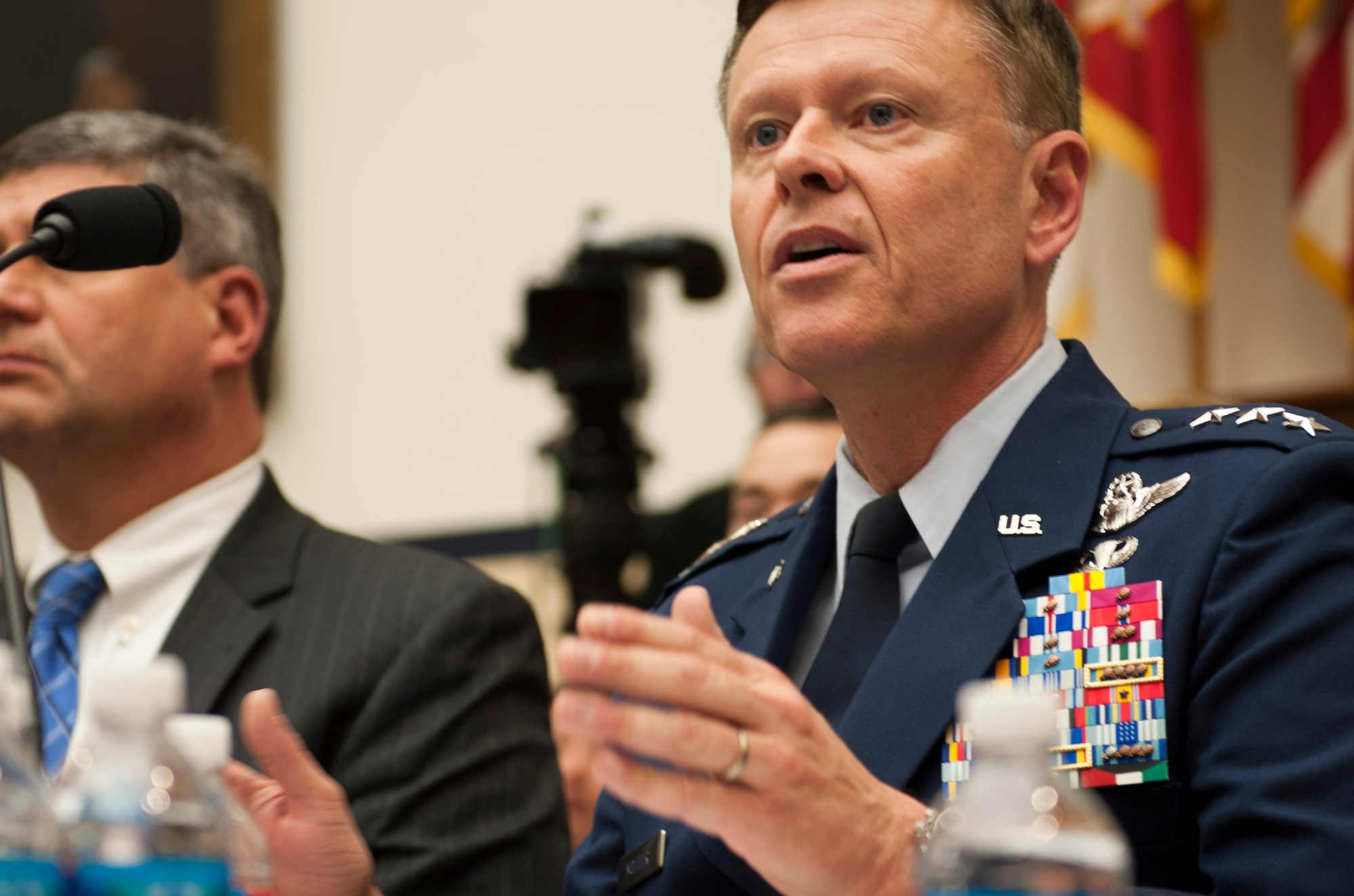 Lt. Gen. Michael Moeller  testifies on the significant impacts of the continuing resolution and sequestration to the House of Armed Services Committee's subcommittee on Tactical Air and Land Forces, Oct. 23, 2013, in Washington, D.C. Moeller is the Air Force deputy chief of strategic plans and programs. 