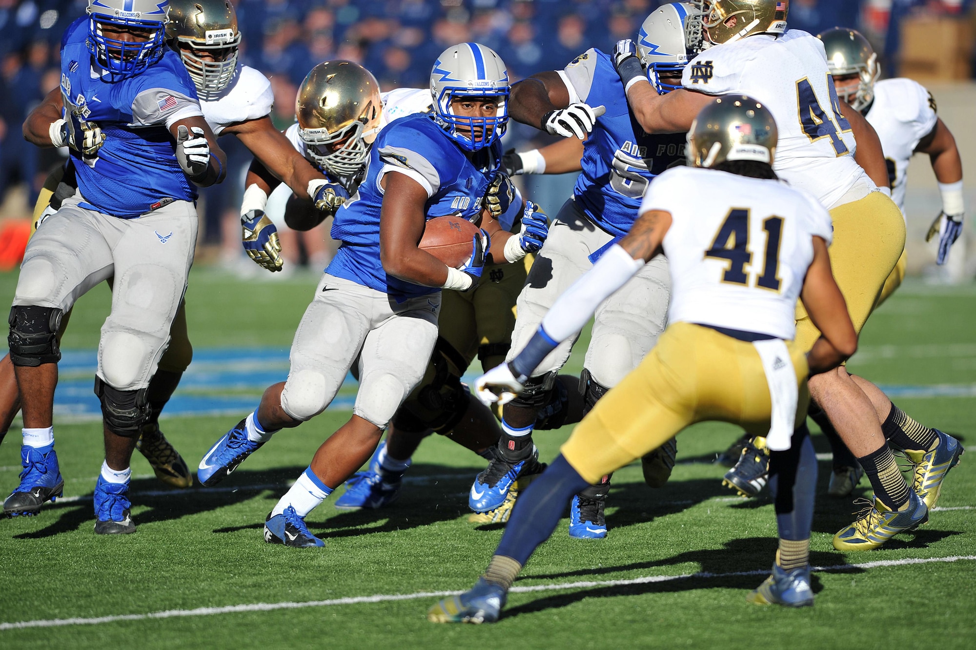 Air Force junior running back Broam Hart rushes the ball for 9 yards during the second quarter of the Air Force-Notre Dame Oct. 26, 2013, at Falcon Stadium in Colorado Springs, Colo. The Falcons fell to the Fighting Irish, 45-10. 