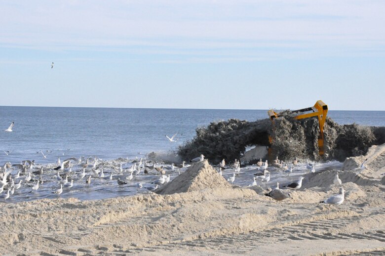 Sand is pumped onto Monmouth Beach, New Jersey. The pumping is part is beach renourishment project for coastal storm risk reduction that the U.S. Army Corps of Engineers is managing in partnership with the state of New Jersey.