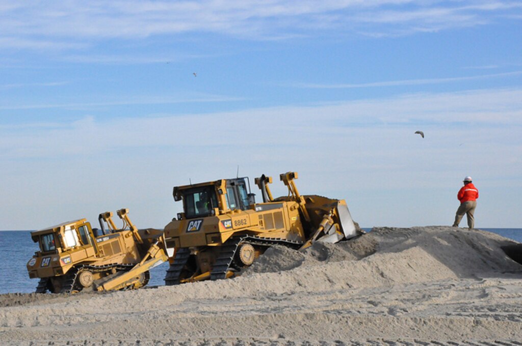 Sand being placed at Monmouth Beach, New Jersey, part of the beach renourishment project for coastal storm risk reduction that the U.S. Army Corps of Engineers is managing in partnership with the state of New Jersey.