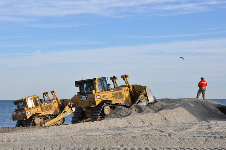 Sand being placed at Monmouth Beach, New Jersey, part of the beach renourishment project for coastal storm risk reduction that the U.S. Army Corps of Engineers is managing in partnership with the state of New Jersey.