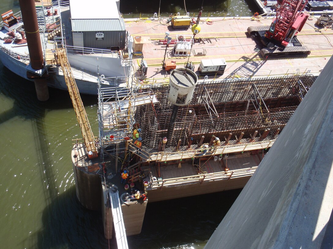 Concrete placement for the upper pier work on pier shell number 1 of the Olmsted Locks and Dam construction project on the lower Ohio River between Illinois and Kentucky.

