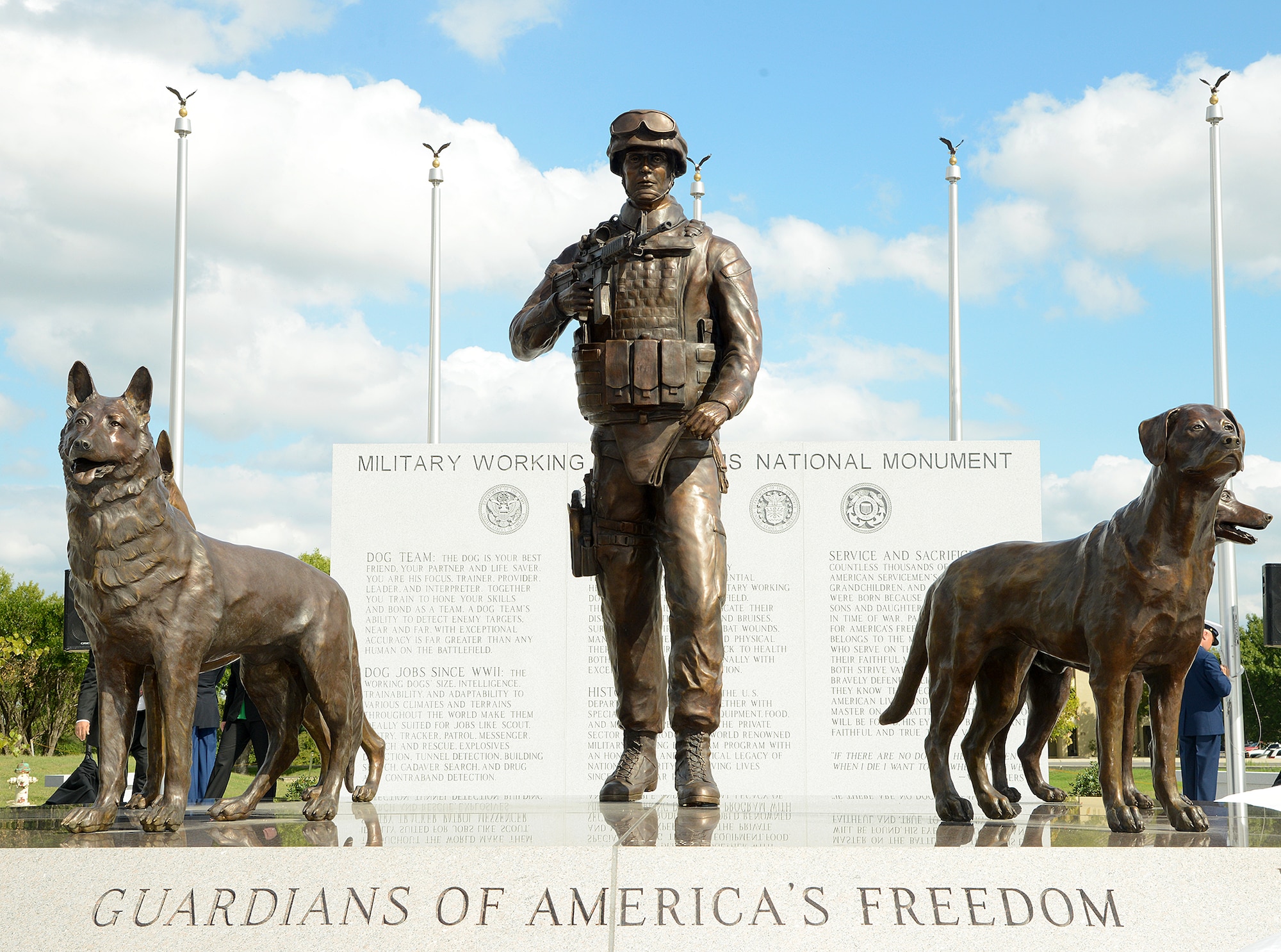 The newly unveiled U.S. Military Working Dog Teams National Monument Oct. 28, at Joint Base San Antonio-Lackland. JBSA-Lackland is the home to the Department of Defense Military Working Dog Program and is where the U.S. Armed Forces has been training its military working dog teams since 1958. It is the world's largest training center for military dogs and handlers and is also home to the largest veterinary hospital for military working dogs. (U.S. Air Force photo by Benjamin Faske) (released)