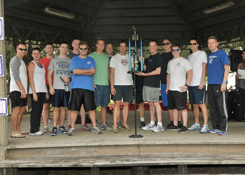 A team of Airmen from the 43rd Fighter Squadron pose for a group photo, Oct. 21 at Tyndall Heritage Park during Comprehensive Airman’s Fitness Day. The team took first place in CAF day.  (U.S. Air Force photo by Staff Sgt. Javier Cruz)