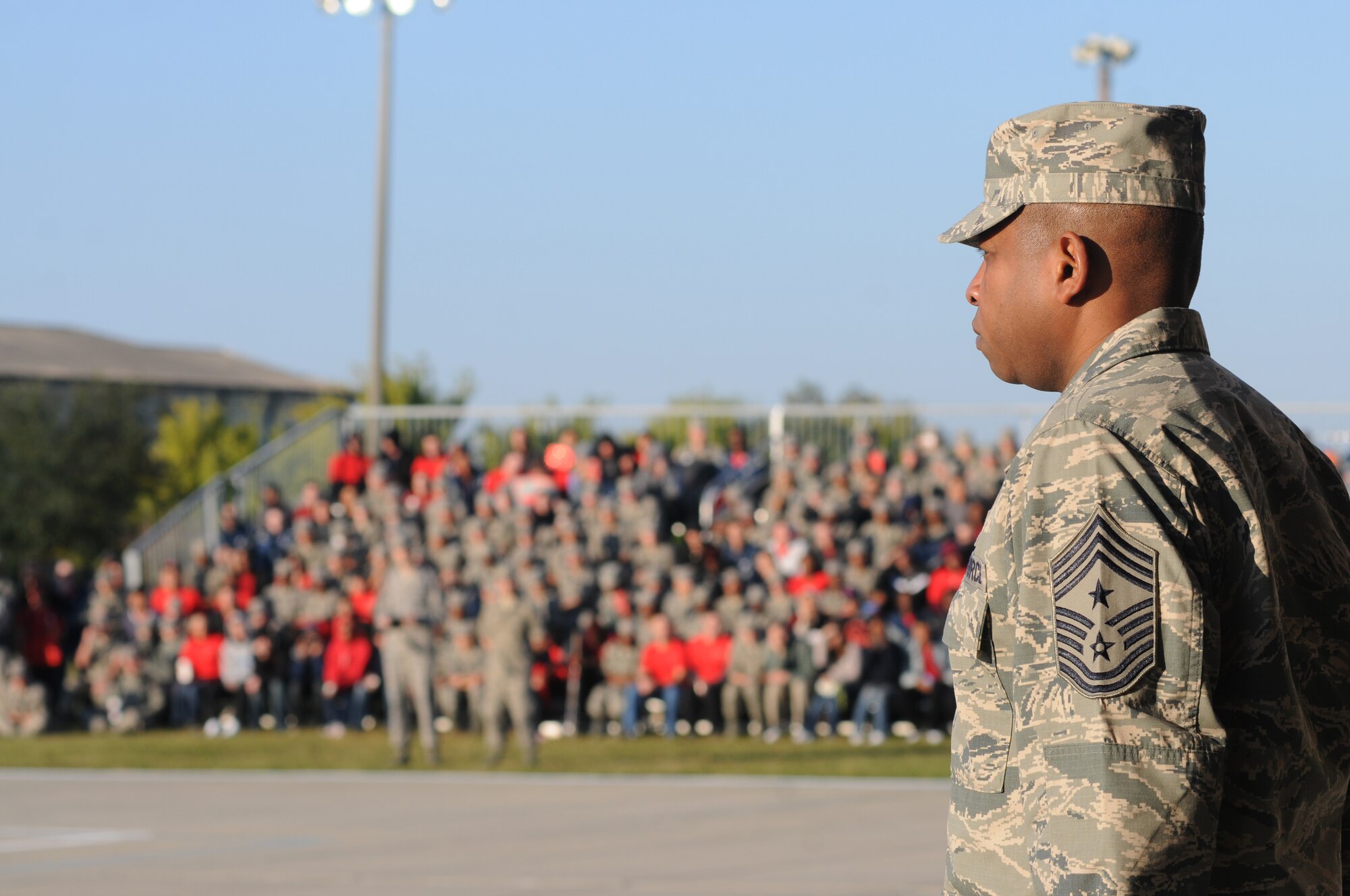 Chief Master Sgt. Farrell Thomas, 81st Training Wing command chief, serves as the reviewing official during the 81st Training Group drill down competition Oct. 25, 2013, at the Levitow Training Support Facility, Keesler Air Force Base, Miss.  (U.S. Air Force photo by Kemberly Groue)