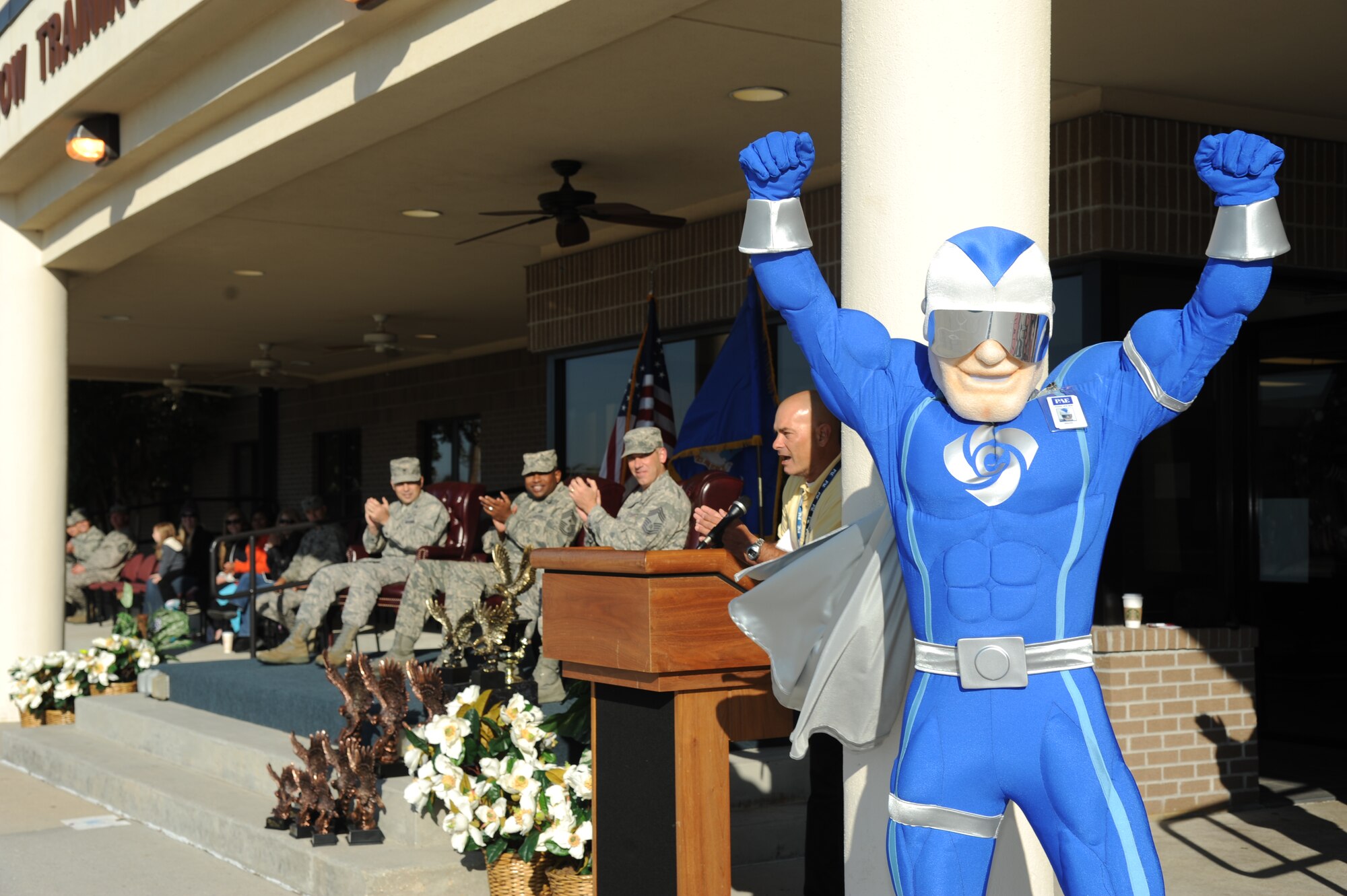 Keesler’s eWarrior arrives at the 81st Training Group drill down competition to raise energy awareness Oct. 25, 2013, at the Levitow Training Support Facility, Keesler Air Force Base, Miss.    (U.S. Air Force photo by Kemberly Groue)