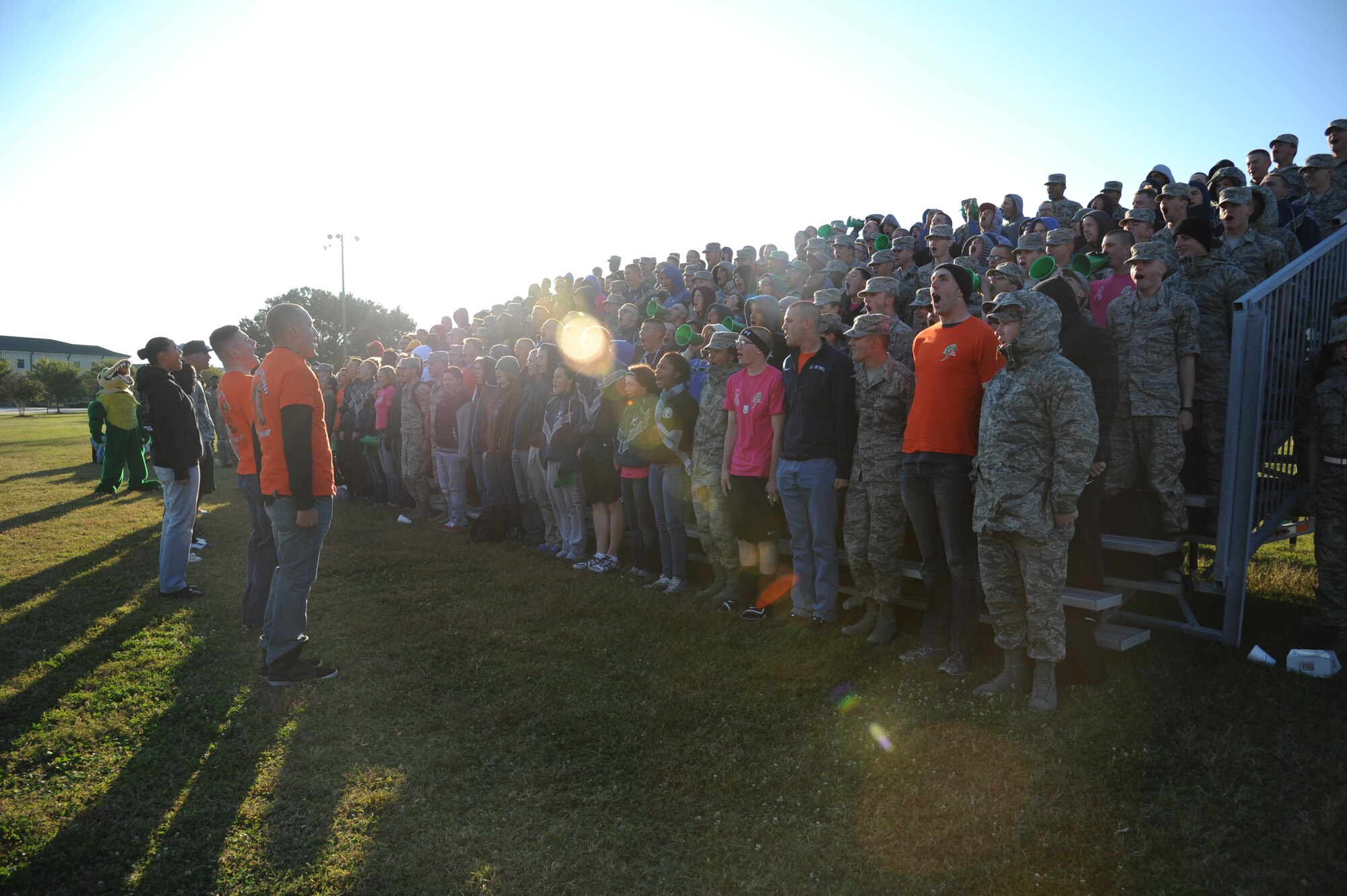 Airmen in the 334th Training Squadron yell their squadron chant at the beginning of the 81st Training Group drill down competition Oct. 25, 2013, at the Levitow Training Support Facility, Keesler Air Force Base, Miss.  (U.S. Air Force photo by Kemberly Groue)