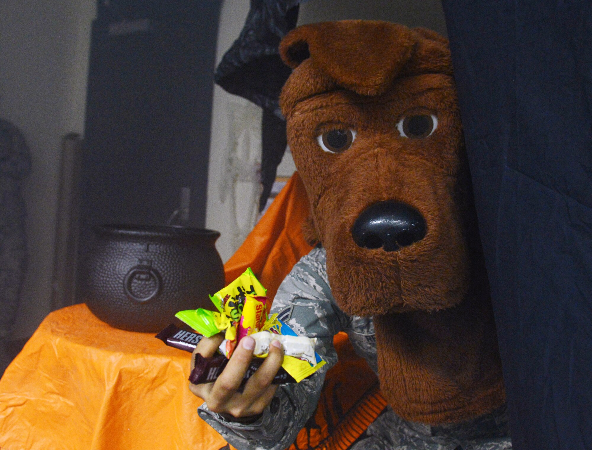 The 20th Security Forces Squadron’s detective dog pops his head out from behind a curtain to hand children candy during the second annual Howling Halloween party, Shaw Air Force Base, S.C., Oct. 25, 2013. 20th SFS defenders and their spouses set up a haunted room filled with skeletons, spiders, and cobwebs to create a fun, family atmosphere. (U.S. Air Force photo by Senior Airman Tabatha Zarrella/Released)