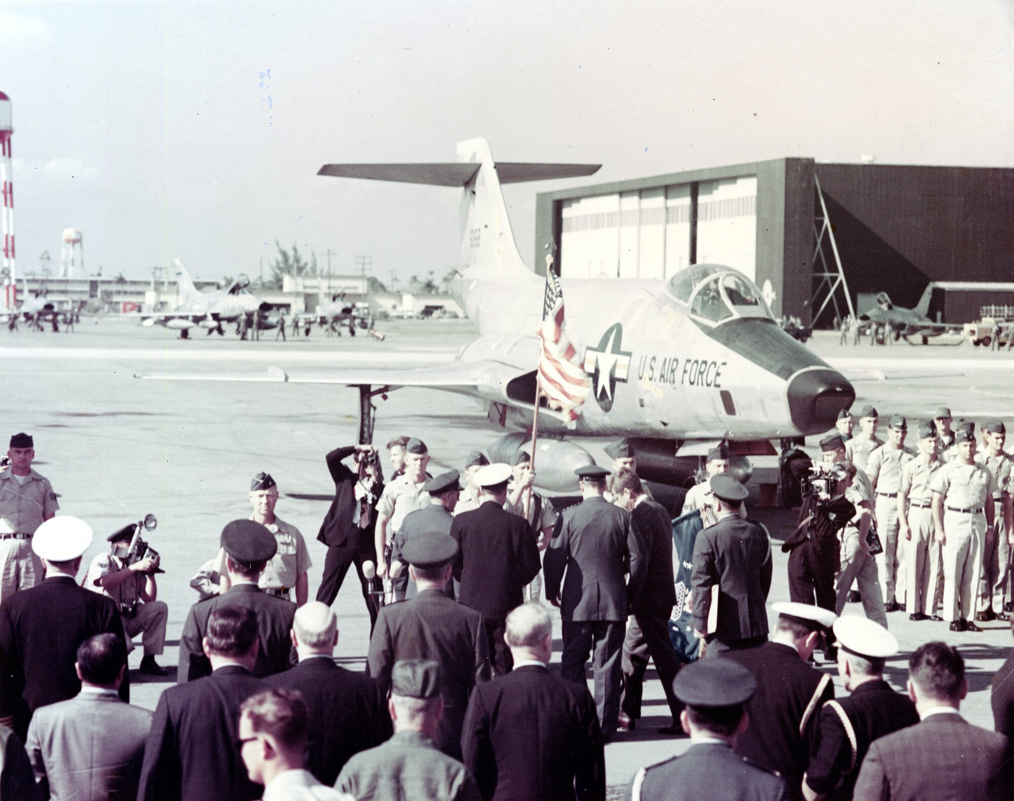 Former President John F. Kennedy visited service members at Homestead Air Force Base, Fla., Oct. 1962.	