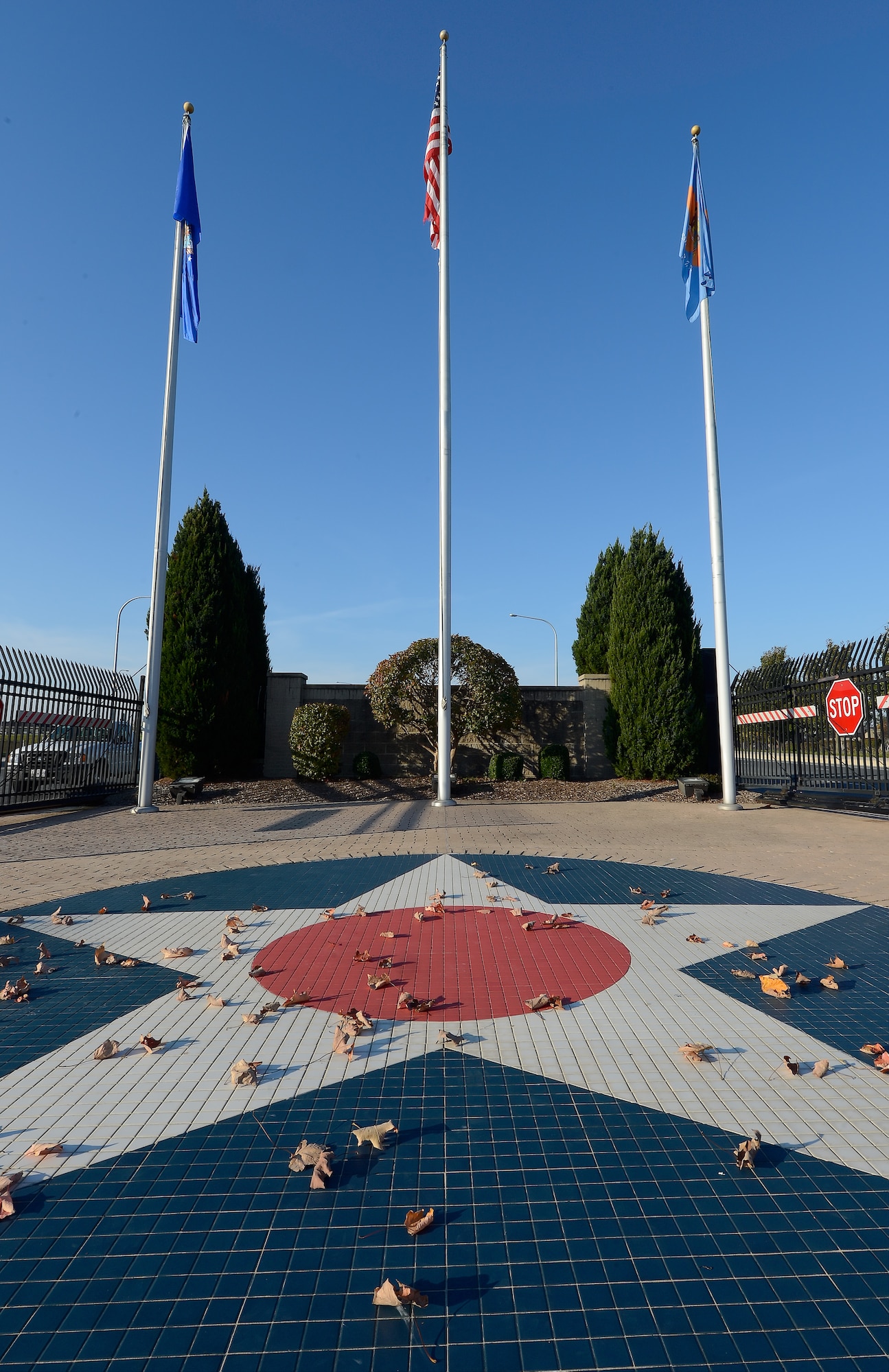 Oak leaves cover part of the Billy Mitchell star inside the main gate while the flag poles stand in the background at Dover Air Force Base, Del. on Oct. 28, 2013. Fall colors are in full peak as mild weather currently graces the region.  (U.S. Air Force photo/Greg L. Davis)