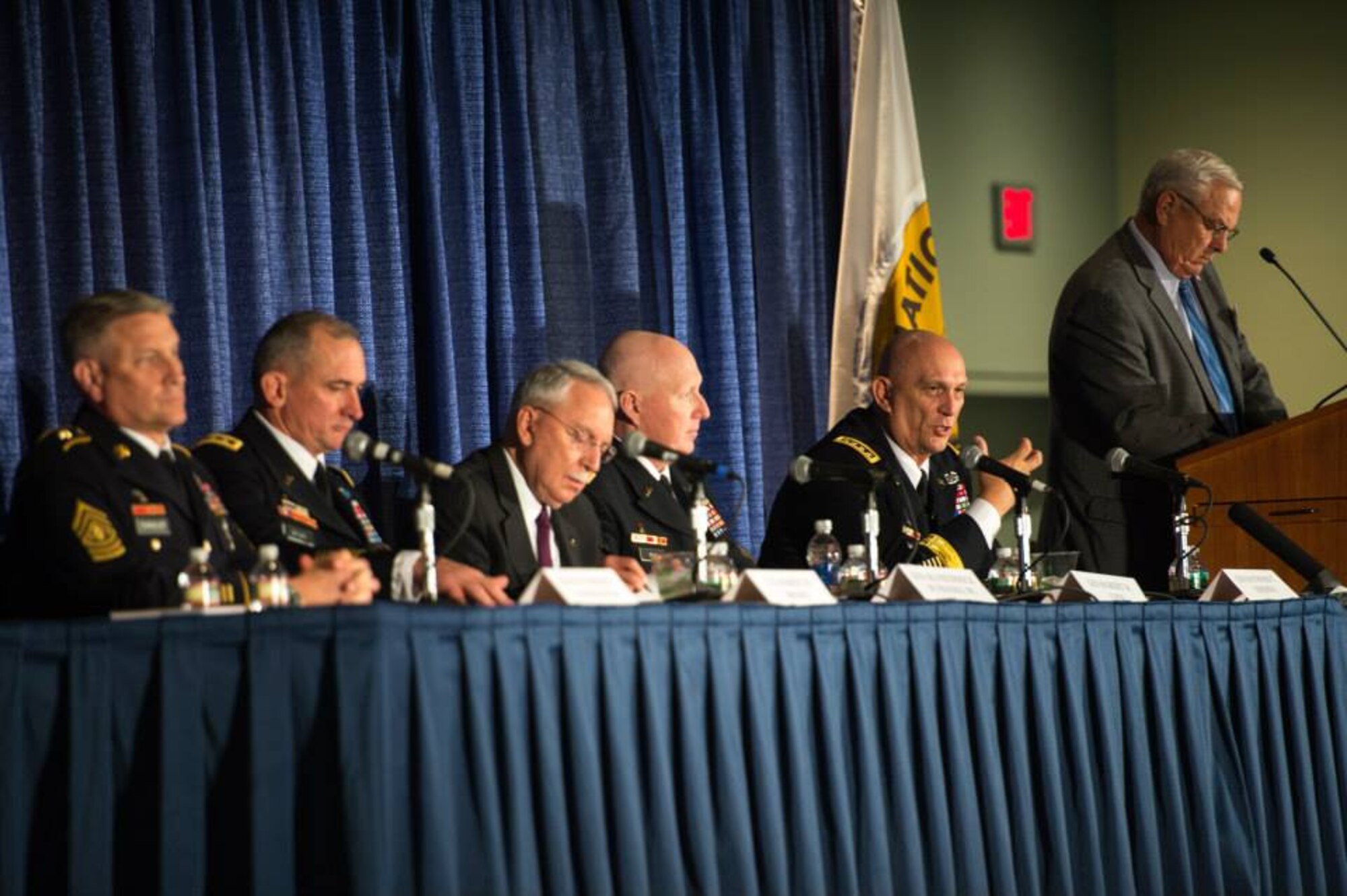 From left, Sgt. Maj. of the Army Raymond F. Chandler III, Lt. Gen. Robert B. Brown, retired Gen. Frederick M. Franks Jr., Gen. Robert W. Cone, Gen. Ray Odierno, and retired Gen. William S. Wallace, far right, speak at a forum on Army leadership at the 2013 Association of the United States Army Annual Meeting and Exposition in Washington, D.C., Oct. 22, 2013. (U.S. Army photo Sgt. Mikki L. Sprenkle/Released)


