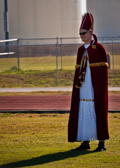 High profile guests came out in support of the 96th Logistics Readiness Squadron powderpuff team, to include Mario and Luigi, a ghostbuster and even the Pope Oct. 25 at Eglin Air Force Base, Fla. LRS won the game 20-18. (U.S. Air Force photo/Samuel King Jr.)