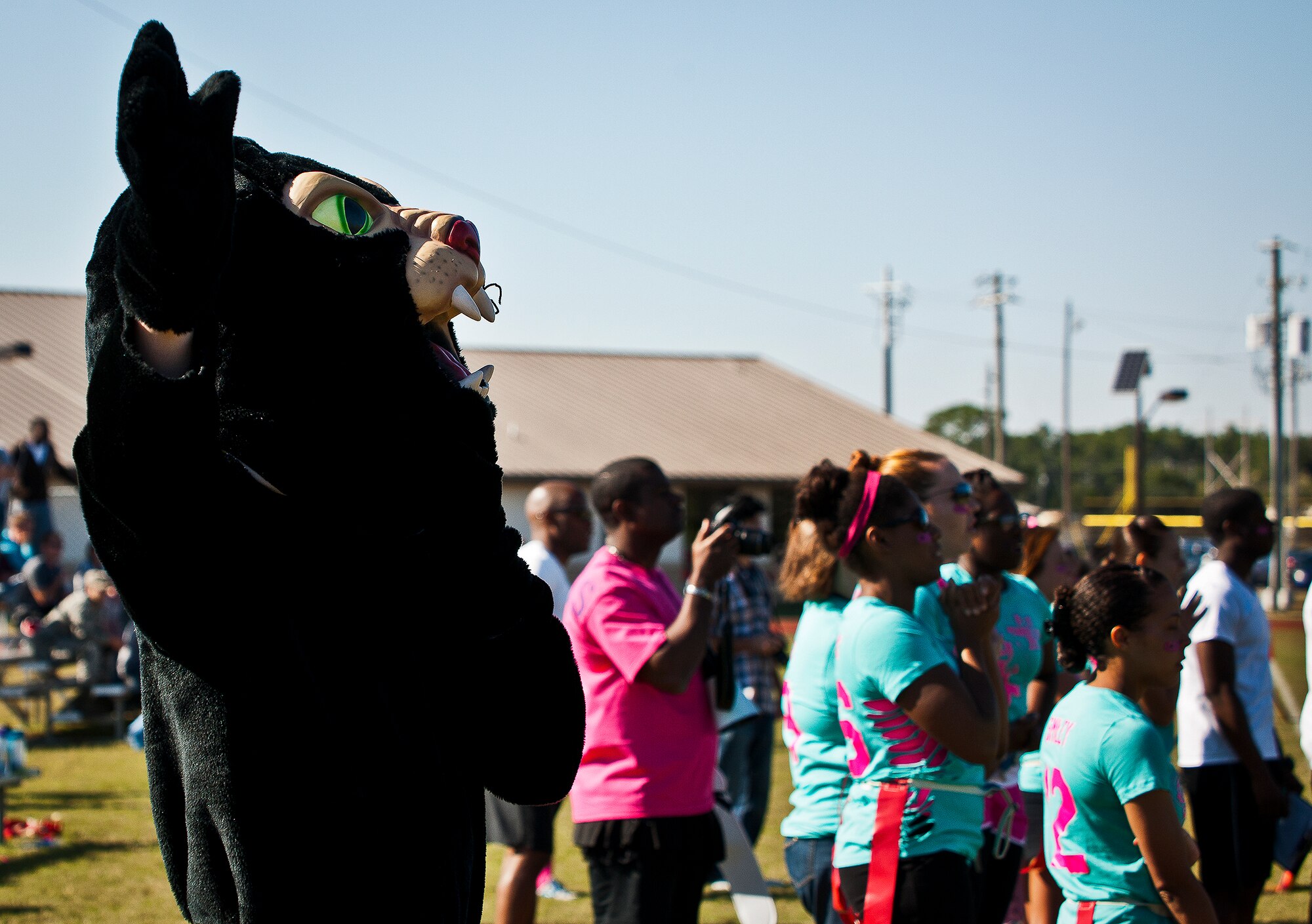 The 96th Logistics Readiness Squadron’s panther mascot cheers on his powderpuff football team against the 96th Force Support Squadron during their game Oct. 25 at Eglin Air Force Base, Fla. LRS won the game 20-18. (U.S. Air Force photo/Samuel King Jr.)