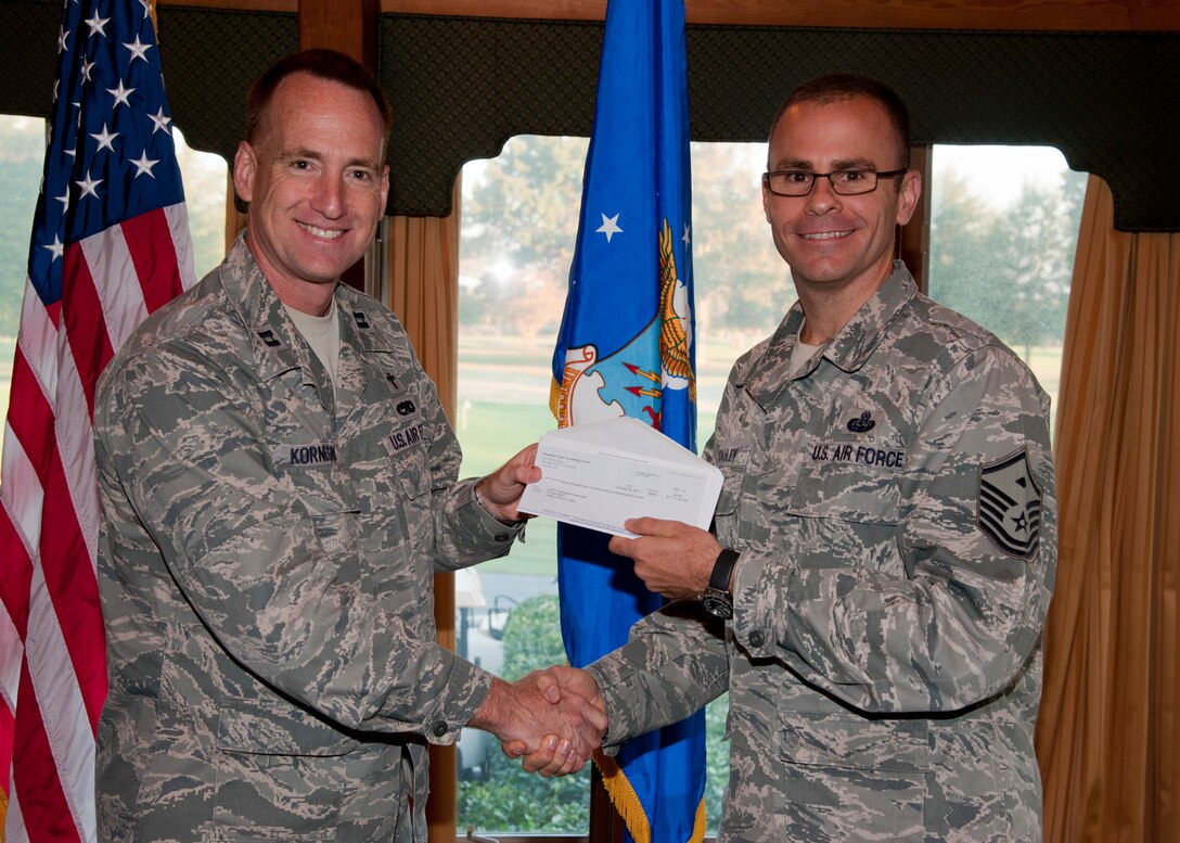 U.S. Air Force Capt. Joel Kornegay, 633rd Air Base Wing chaplain, presents a donation check to Master Sgt. Ryan McCauley, 633rd Civil Engineer Squadron first sergeant, during the Langley First Sergeants Council meeting at Langley Air Force Base, Va., Oct. 25, 2013. The wing’s Protestant and Catholic ministries donated more than $7,000 to the LFSC’s Operation Warmheart program, an annual campaign that supports Langley Airmen in need through a variety of charitable means, including holiday food baskets, loans and clothing donations. (U.S. Air Force photo by Senior Airman Jason J. Brown/Released)